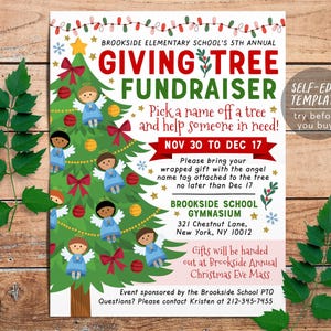 May include: A flyer for the Brookside Elementary School 5th Annual Giving Tree Fundraiser featuring a green Christmas tree decorated with angel ornaments, red bows, and lights, with event details and a self-edit template badge.