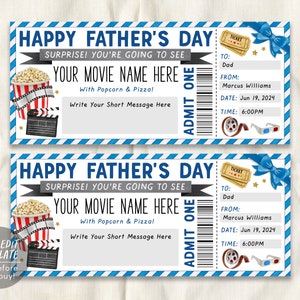 Plantilla editable de invitación de entrada de cine del Día del Padre, cupón de regalo de noche de cine familiar para revelar cupón de cine de papá imprimible