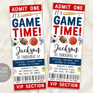 All Star Sports Geburtstagsticket Einladung bearbeitbare Vorlage, Junge Es ist Spielzeit Sportparty einladen, Baseball Fußball Basketball Evite