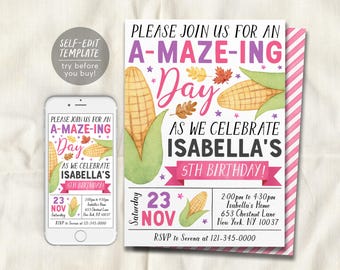 Puede incluir: Una plantilla de invitación de cumpleaños con mazorcas de maíz en acuarela, hojas de otoño y estrellas moradas. El texto dice: Please join us for an A-MAZE-ING Day as we celebrate Isabella's 5th birthday, Saturday 23 Nov.