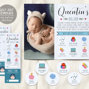 Signo de tablero Doljabi con plantilla editable con foto, primer cumpleaños del niño coreano Doljanchi, boletos para la rifa Doljabi, decoración Dol imprimible