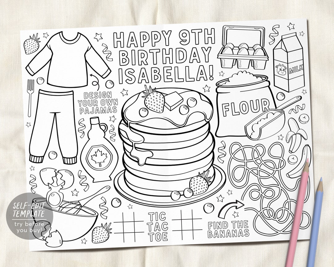 Pancakes and Pajamas Coloring Placemat for Kids Editable Template
