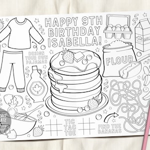 Pancakes And Pajamas Coloring Placemat For Kids Editable Template, Birthday Pancake Party Coloring Page Sheet Table Mat, PJ Sleepover