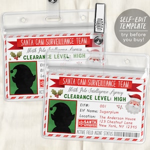Elf ID-Karte bearbeitbare Vorlage, verlorene Elf Lizenz, Santa Cam Sicherheitsabzeichen Elf Surveillance Team druckbar, Santas Workshop North Pole Access
