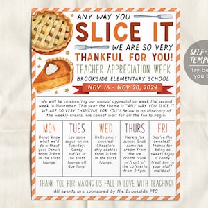 Fall Theme Teacher Staff Appreciation Week Itinerary Schedule Flyer Editable Template, Slice It Grateful For You, Events Calendar PTA PTO