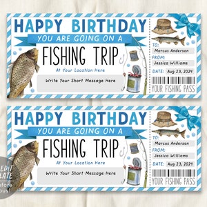 Angelreise Ticket bearbeitbare Vorlage, Geburtstag Überraschung Angelreise Reveal Geschenkgutschein, Angelerlebnis Tagesausflug Gutschein Coupon