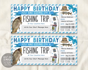 Plantilla editable de boleto de viaje de pesca, certificado de regalo de revelación de viaje de pesca sorpresa de cumpleaños, cupón de vale de viaje de un día de experiencia de pesca