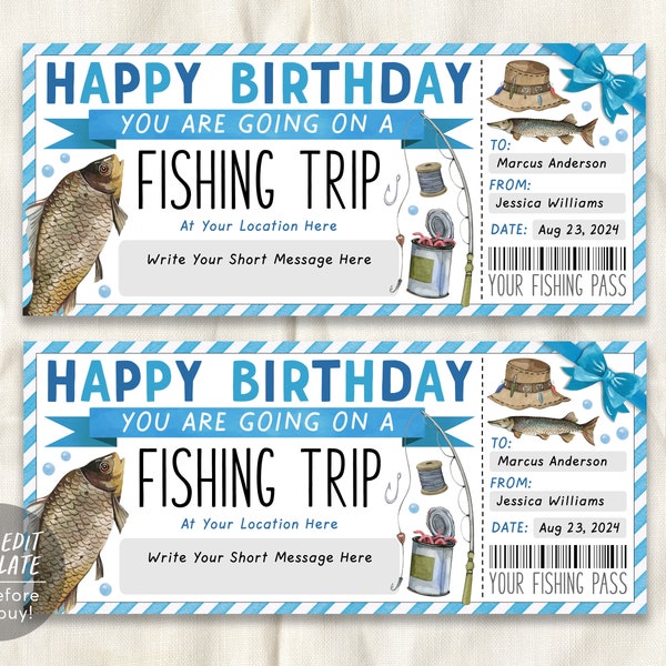 Fishing Trip Ticket Editable Template, Birthday Surprise Fishing Trip Reveal Gift Certificate, Fishing Experience Day Trip Voucher Coupon