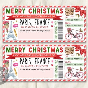 Modello modificabile della carta d'imbarco del biglietto di viaggio a Parigi, sorpresa di Natale, viaggio in Francia, certificato regalo per le vacanze, rivelazione delle vacanze stampabile