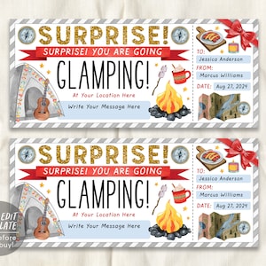 Glamping Trip Ticket Bearbeitbare Vorlage, Glamping Weekend Trip Reveal Geschenkgutschein Camping Erlebnisgutschein Coupon für jeden Anlass