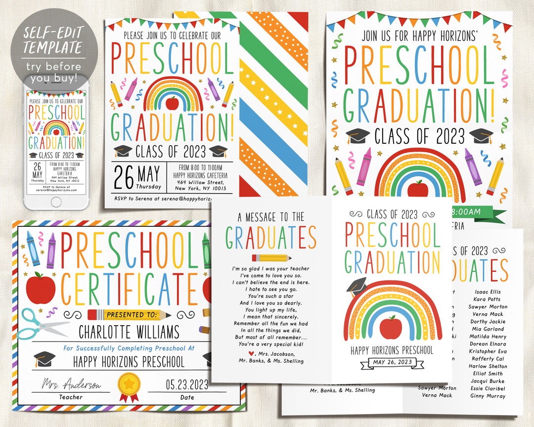 Preschool Graduation Ceremony BUNDLE Editable Template, Pre-k