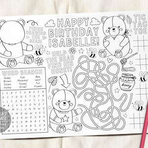 Teddy Bear Coloring Placemat For Kids Editable Template, Birthday Party Coloring Page Activity Sheet Table Mat, Bees Honey Printable Maze