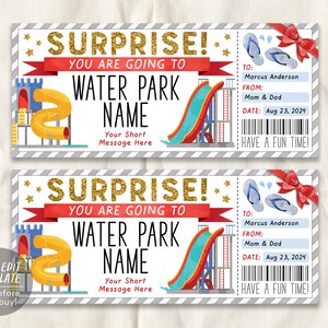 Überraschungswasserpark-Eintrittskarte bearbeitbare Vorlage, Wasserparkbesuch-Geschenkgutschein für Kinder, Rutschsaison-Pass-Geschenkgutschein, jeden Anlass