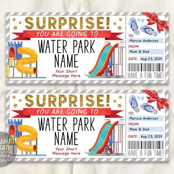 Surprise Water Park Ticket Editable Template, Waterpark Visit Gift Voucher For Kids, Slide Season Pass Gift Certificate, Any Occasion