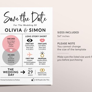 Plantilla editable para guardar la fecha de la boda, en resumen, para imprimir, infografía moderna para bodas, invitación de boda imagen 2