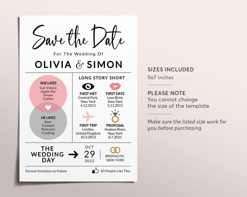 Plantilla editable para guardar la fecha de la boda, en resumen, para imprimir, infografía moderna para bodas, invitación de boda imagen 2