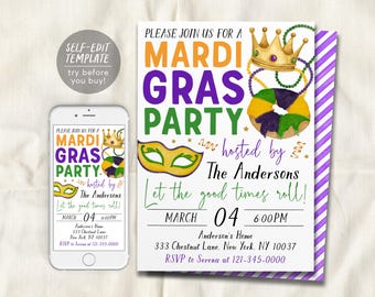 Mardi Gras Party Invitation Editable Template, Mardi Gras Fat Tuesday Theme Party Invite, Mardi Gras Celebration Let The Good Times Roll