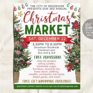 Christmas Market Flyer Editable Template, Holiday Market Poster, Winter Fest Vendor Craft Show, School Community Boutique Shopping Event