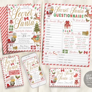 Secret Santa BUNDLE Kit Printable Editable Template, Secret Santa Invitation Evite Questionnaire Game Exchange Forms, Secret Santa Gift Tags