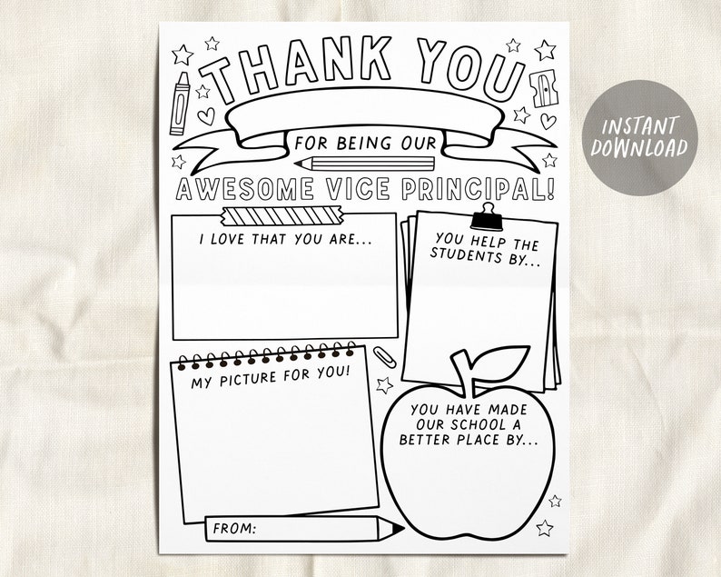 Principal Appreciation Day Thank You Printable, Vice Assistant Principal Coloring Page Survey Elementary Kindergarten, End of School Year image 4