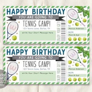 Tennis Camp Gift Ticket Editable Template, Birthday Surprise Training Camp Sports Game Voucher Skills Clinic Coupon Certificate Tennis Lover