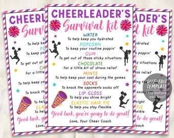 May include: A rectangular sign titled Cheerleader's Survival Kit with purple and pink striped borders. It lists items like water, popcorn, gum, chocolate, mints, socks, lip gloss, and elastic hair ties with text, pom-pom, and megaphone graphics.