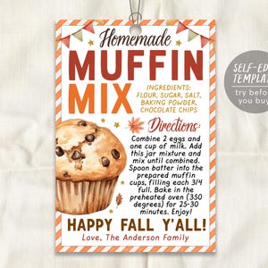Muffin Mix in a Jar Gift Tag Editable Template, Thanksgiving Muffin Recipe Favor Tag, Fall Autumn Bakery Bake Sale Mason Jar Label Neighbor