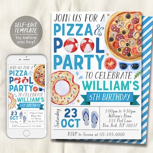 Pizza Pool Party Verjaardagsuitnodiging Bewerkbare sjabloon, Zomerzwembad Pizza Party Bash Uitnodigen, Jongen Tropisch Einde Van School Evite