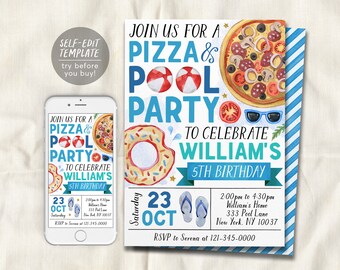 Pizza Pool Party Birthday Invitation Editable Template, Summer Swimming Pool Pizza Party Bash Invite, Boy Tropical End Of School Evite
