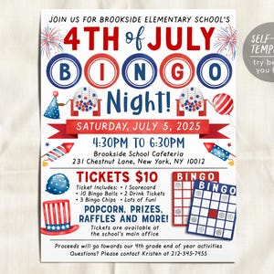 Plantilla editable para volante de recaudación de fondos para la noche de bingo del 4 de julio, invitación para evento de bingo del Día de la Independencia, invitación para evento de noche de juegos, aula escolar de la PTA y PTO