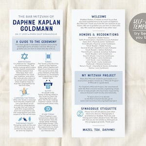 Editable Jewish Bar or Bat Mitzvah Program Infographic Template, Unique Modern Mitzvah Itinerary Timeline Ceremony, Hotel Welcome Bag Note