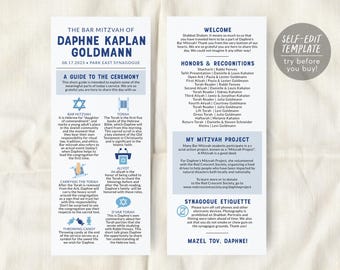 Könnte beinhalten: Ein zweiseitiges weißes Papierprogramm für eine Bat Mizwa mit blauem Text und Symbolen. Die linke Seite beschreibt die Zeremonie mit Symbolen für den Davidstern, die Tora und Süßigkeiten. Die rechte Seite listet Ehrungen und die Etikette auf.