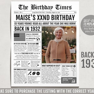 Back in 1932 Birthday Newspaper Editable Template, 91 92 93 Years Ago, 91st 92nd 93rd Birthday Sign Decorations Decor for Men or Women