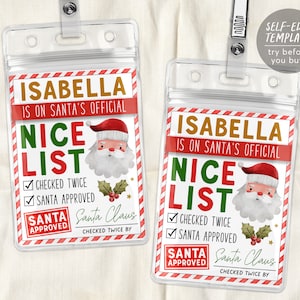 Santa's Nice List Badge bewerkbare sjabloon, Elf Report Surveillance Cam, Nice List Certificaat Goedgekeurd Santas North Pole Workshop afdrukbaar