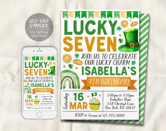 Può includere: Un invito stampabile verde, oro e bianco per una festa di compleanno di 7 anni. L'invito dice "Lucky Seven" e presenta un cappello da folletto, monete d'oro e un arcobaleno. Il testo dell'invito dice "Unisciti a noi per celebrare il nostro portafortuna Isabella's 7th birthday!" e include la data, l'ora e il luogo della festa.