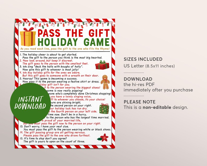 May include: Printable Christmas game instructions for a "Pass the Gift" game. The instructions are written in red and black text on a white background with a red and white striped border. The game instructions include a list of rules for passing a gift around a group of people. The instructions are for a US Letter size (8.5x11 inches) printable PDF.