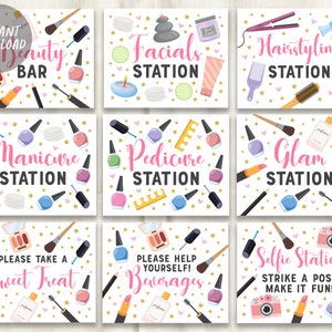 Spa Party Birthday Signs Decor BUNDLE For Birthday Party, Facial Station Poster Printable, Pamper Party Decor Decorations Makeup Makeover