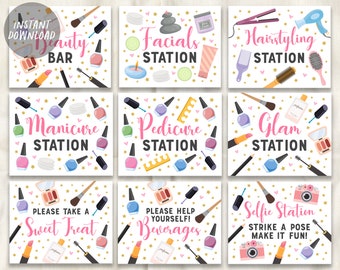May include: Nine printable signs for a spa party. The signs are white with pink and gold accents and feature various beauty-related icons. The signs include "Beauty Bar", "Facials Station", "Hairstyling Station", "Manicure Station", "Pedicure Station", "Glam Station", "Sweet Treat", "Beverages", and "Selfie Station".