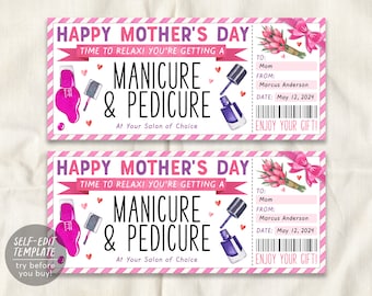 Modello modificabile biglietto Mani Pedi per la festa della mamma, buono regalo per manicure e pedicure per la mamma, buono voucher per esperienza di una giornata in spa per salone di bellezza