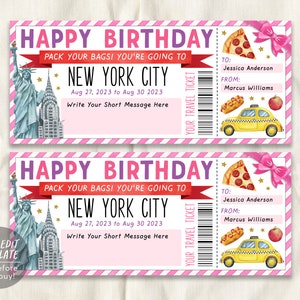 New York City Trip Ticket Editable Template, Birthday Anniversary Surprise Travel Vacation Gift Certificate, NYC Trip For Teen Tween Girl