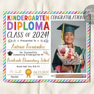 Kindergarten-Abschlussdiplom mit bearbeitbarer Fotovorlage, Kindergarten-Abschlusszertifikat zum Ausdrucken, Ankündigung der PreK-Zeremonie
