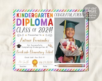 Kindergarten Graduation Diploma With Photo Editable Template, Kindergarten Certificate of Completion Printable, PreK Ceremony Announcement