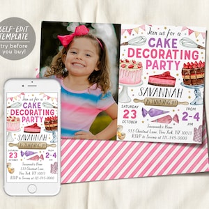 Cake Decorating Party Invitation With Photo Editable Template, Girl Baking Birthday Evite, Kids Preteen Chef Cooking Party Invite Bake Shop