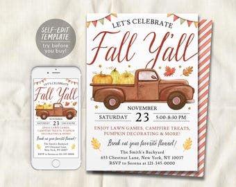 May include: A digital invitation template featuring a brown vintage truck carrying pumpkins, autumn leaves, and bunting. The text reads: LET'S CELEBRATE Fall Y'all, NOVEMBER SATURDAY 23, 5:00-8:30 PM, ENJOY LAWN GAMES, CAMPFIRE TREATS, PUMPKIN DECORATING & MORE!