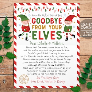 Plantilla editable de carta de despedida de elfos, nota de despedida de elfos de fin de Navidad, elige a tu niña o niño elfo