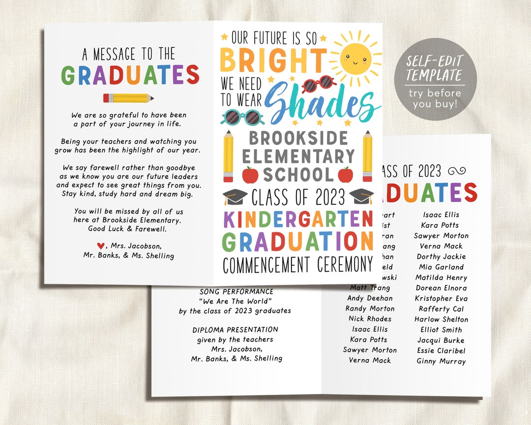 Graduation Program Editable Template for Kindergarten, Pre-k Preschool