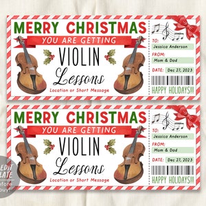 Geigenunterricht Weihnachtsgeschenk-Bearbeitbare Vorlage, Überraschungs-Musik-Geigenkurs-Meisterklasse-Geschenkgutschein-Weihnachtsgeschenk-Enthüllungs-Coupon