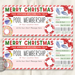 Geschenkgutschein für Weihnachten für den Pool, bearbeitbare Vorlage, Surprise Swim Club Season Pass, Gutschein, Surprise Pool Reveal