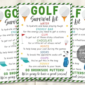 Golf Survival Kit Geschenkanhänger Bearbeitbare Vorlage, Golfspieler Team Geschenkidee, Golf Camp Tryouts Sport Snack Treat Tags Team Wertschätzung