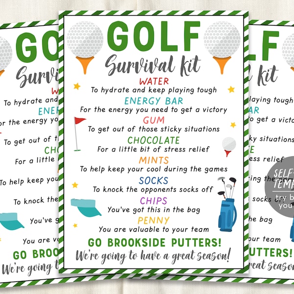 Golf Survival Kit Gift Tags Editable Template, Golfer Player Team Gift Idea, Golf Camp Tryouts Sports Snack Treat Tags Team Appreciation